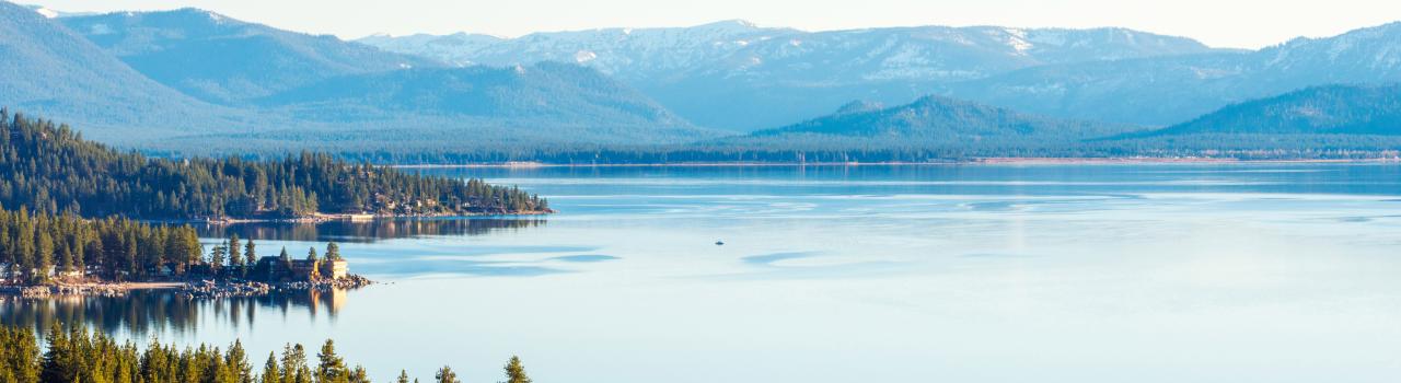 View over the Lake Tahoe shoreline and nearby mountains