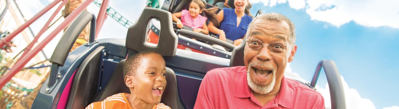 Grandfather and grandson ride a rollercoaster in Tampa, Florida Grandfather and grandson ride a rollercoaster in Tampa, Florida