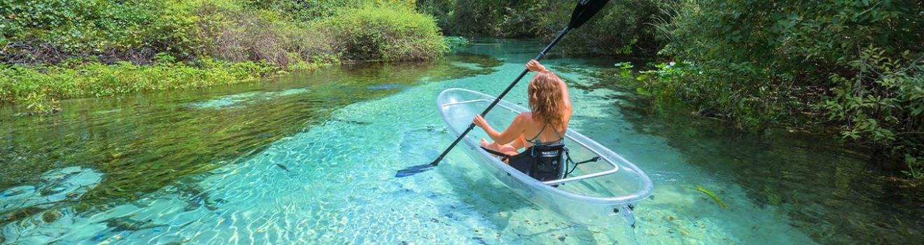 在佛羅里達州奧蘭多清澈透明的泉水中划獨木舟 在佛羅里達州奧蘭多清澈透明的泉水中划獨木舟