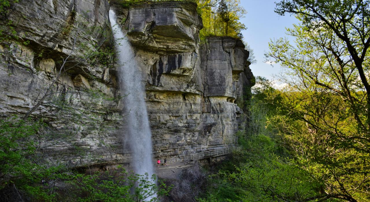 Hiking to a waterfall on the Indian Ladder Trail in John Boyd Thacher State Park Hiking to a waterfall on the Indian Ladder Trail in John Boyd Thacher State Park