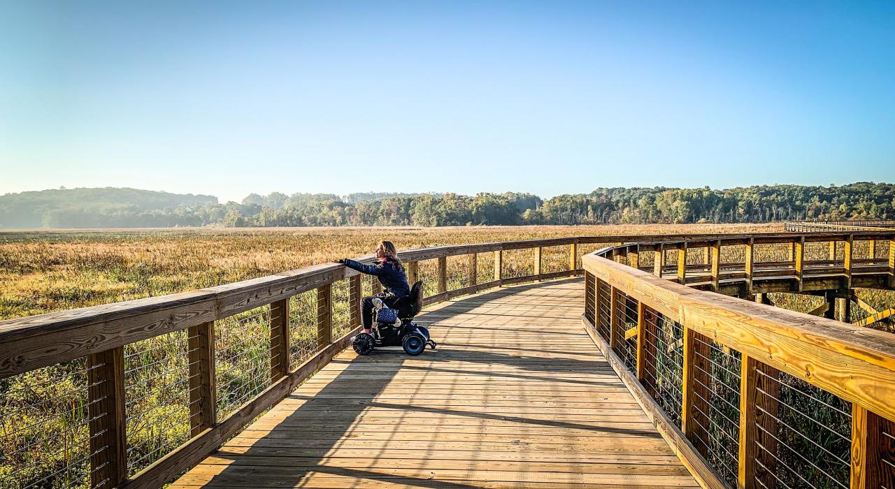 Visitor taking in the spectacular sunset on the accessible Neabsco Creek Boardwalk in Prince William County in Virginia Visitor taking in the spectacular sunset on the accessible Neabsco Creek Boardwalk in Prince William County in Virginia