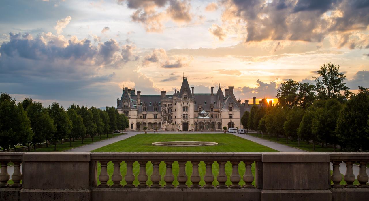 The historic Biltmore estate and gardens at sunset