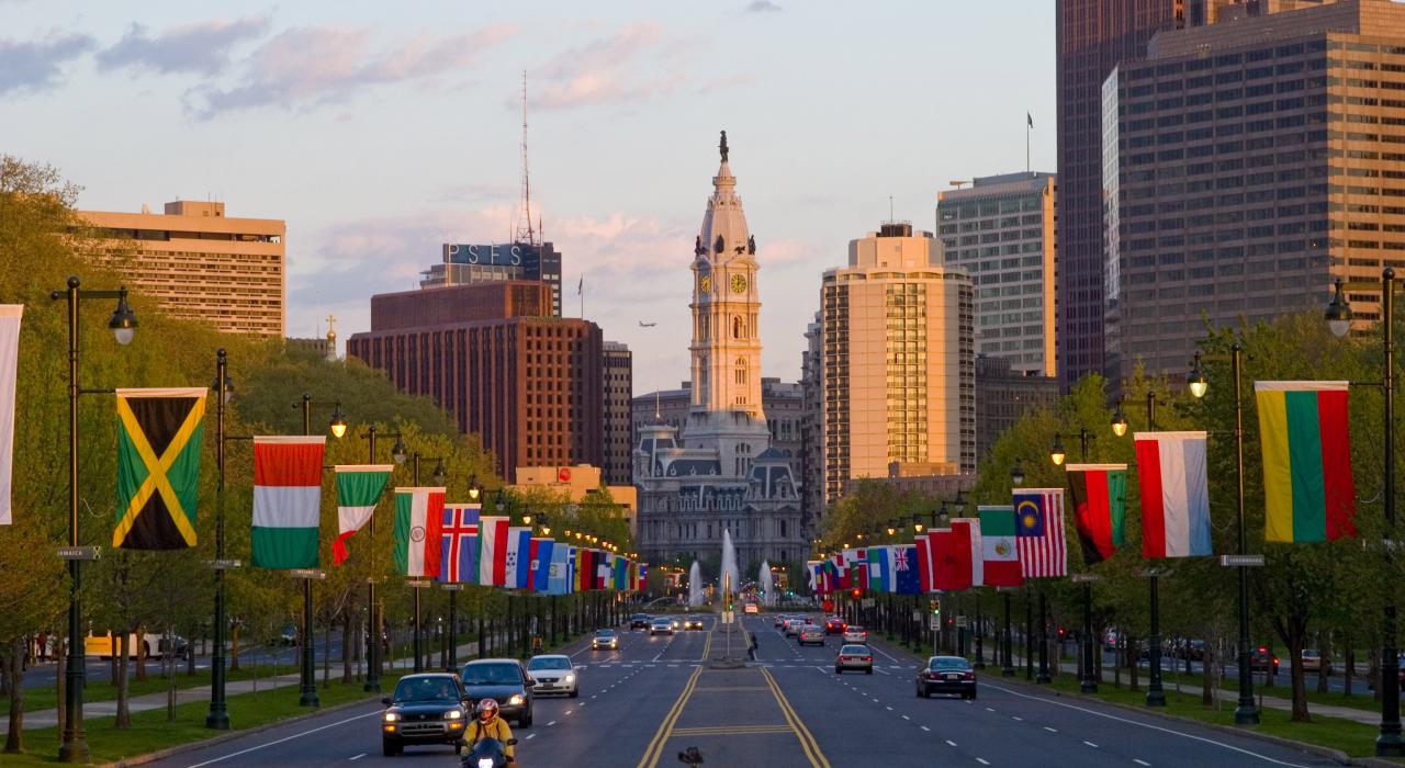 Scenic, tree-lined Benjamin Franklin Parkway through the heart of Philadelphia, Pennsylvania