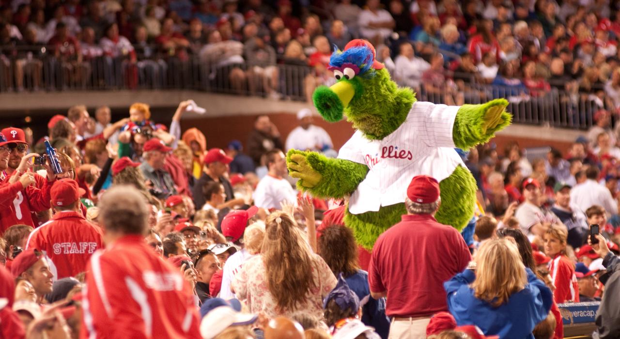 Pennsylvania  baseball fans with The Phillies' team mascot, The Phanatic