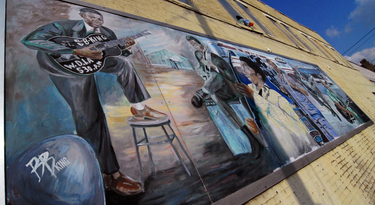 密西西比州格林維爾的一處壁畫，以當地的藍調音樂傳統為主題