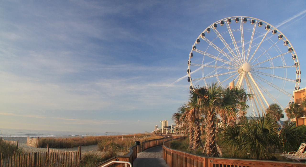 南卡羅萊納州美特爾海灘的地標：SkyWheel 摩天輪和木棧道