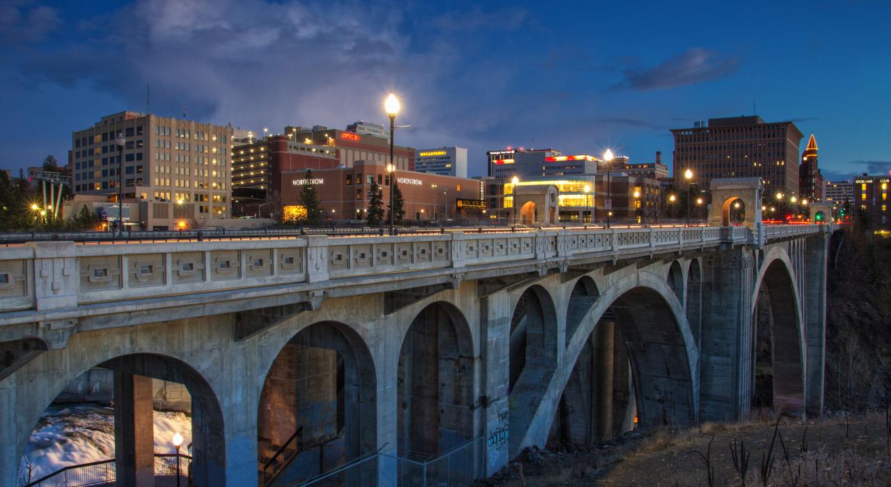 View of Monroe Street Bridge and downtown Spokane beyond View of Monroe Street Bridge and downtown Spokane beyond