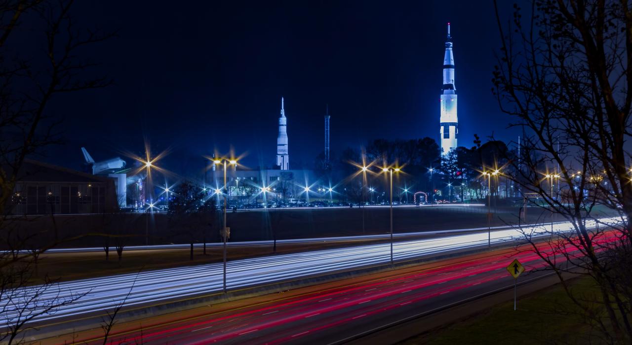 Nighttime view of the U.S. Space & Rocket Center