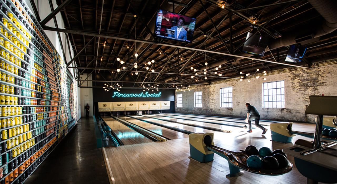 Industrial-chic interior and vintage bowling lanes at Pinewood Social Industrial-chic interior and vintage bowling lanes at Pinewood Social