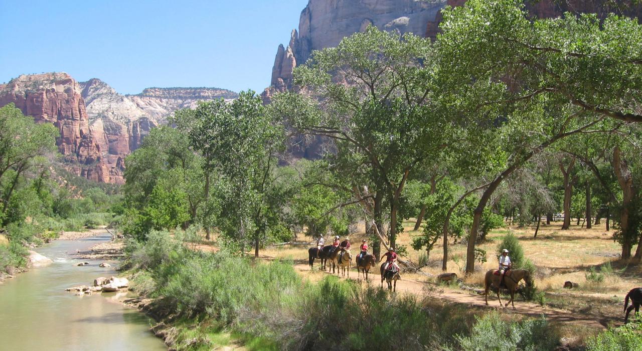 Horseback riding near the red cliffs of Zion Canyon