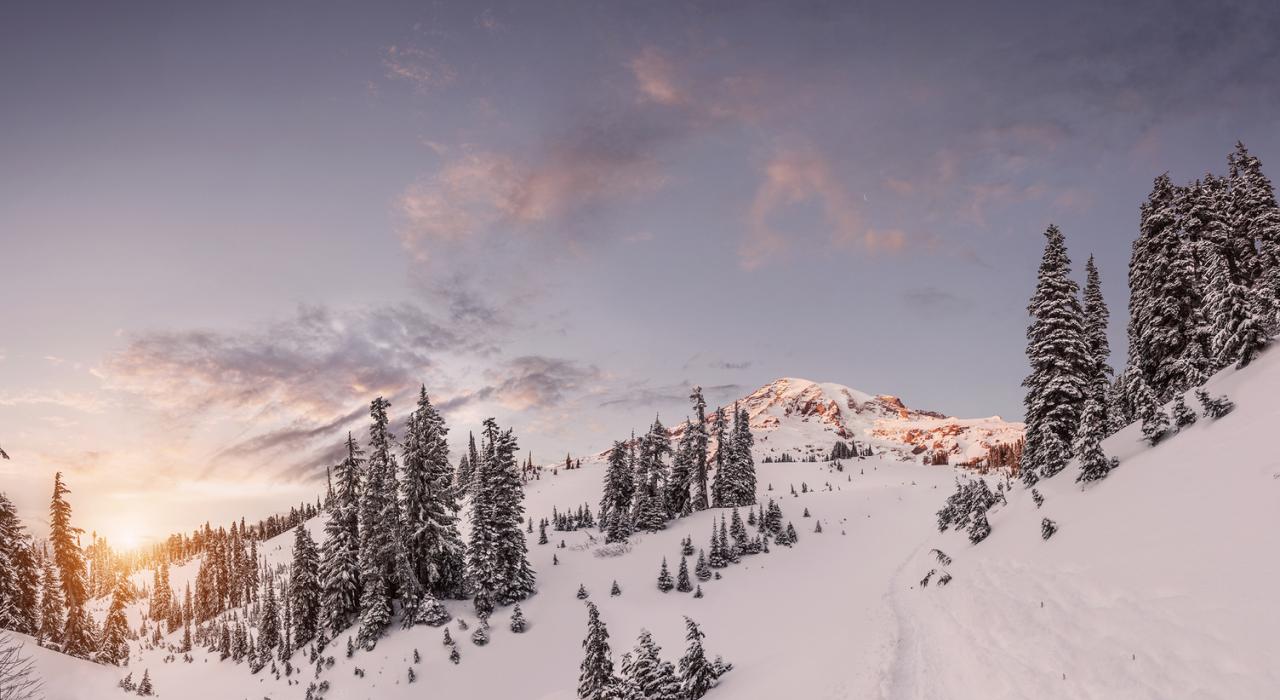 破曉晨光照亮白雪皚皚的雷尼爾山 破曉晨光照亮白雪皚皚的雷尼爾山