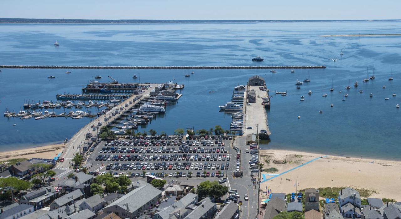 Aerial view of the busy Provincetown Harbor