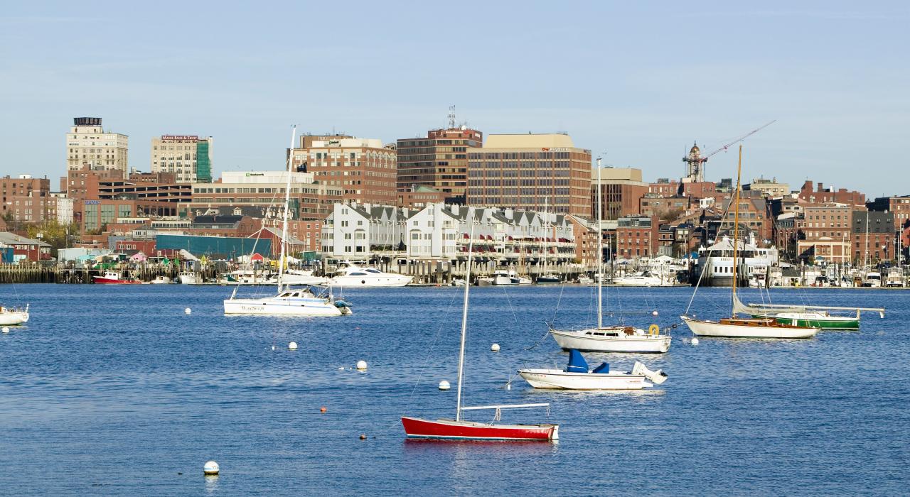 以城市天際線為背景的停泊船隻 以城市天際線為背景的停泊船隻