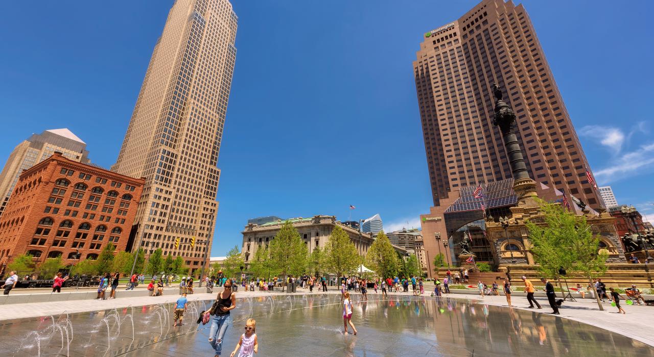Fun fountains at Cleveland Public Square, a popular meeting spot