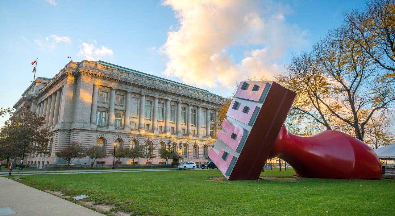 "Free Stamp” art sculpture in Willard Park next to Cleveland City Hall