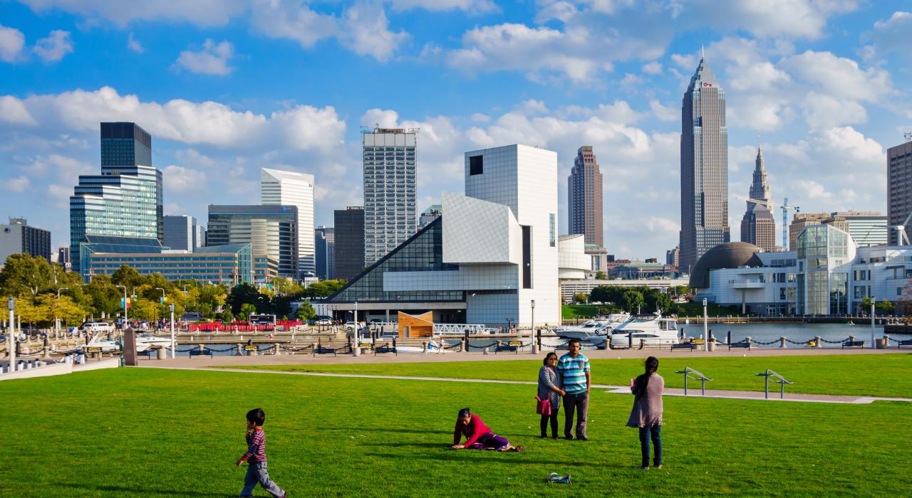 City skyline over Voinovich Bicentennial Park on the Lake Erie waterfront