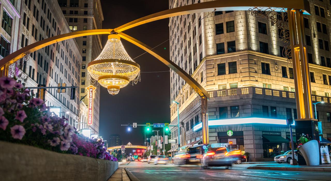 Ornate chandelier hanging above Euclid Avenue in Playhouse Square downtown