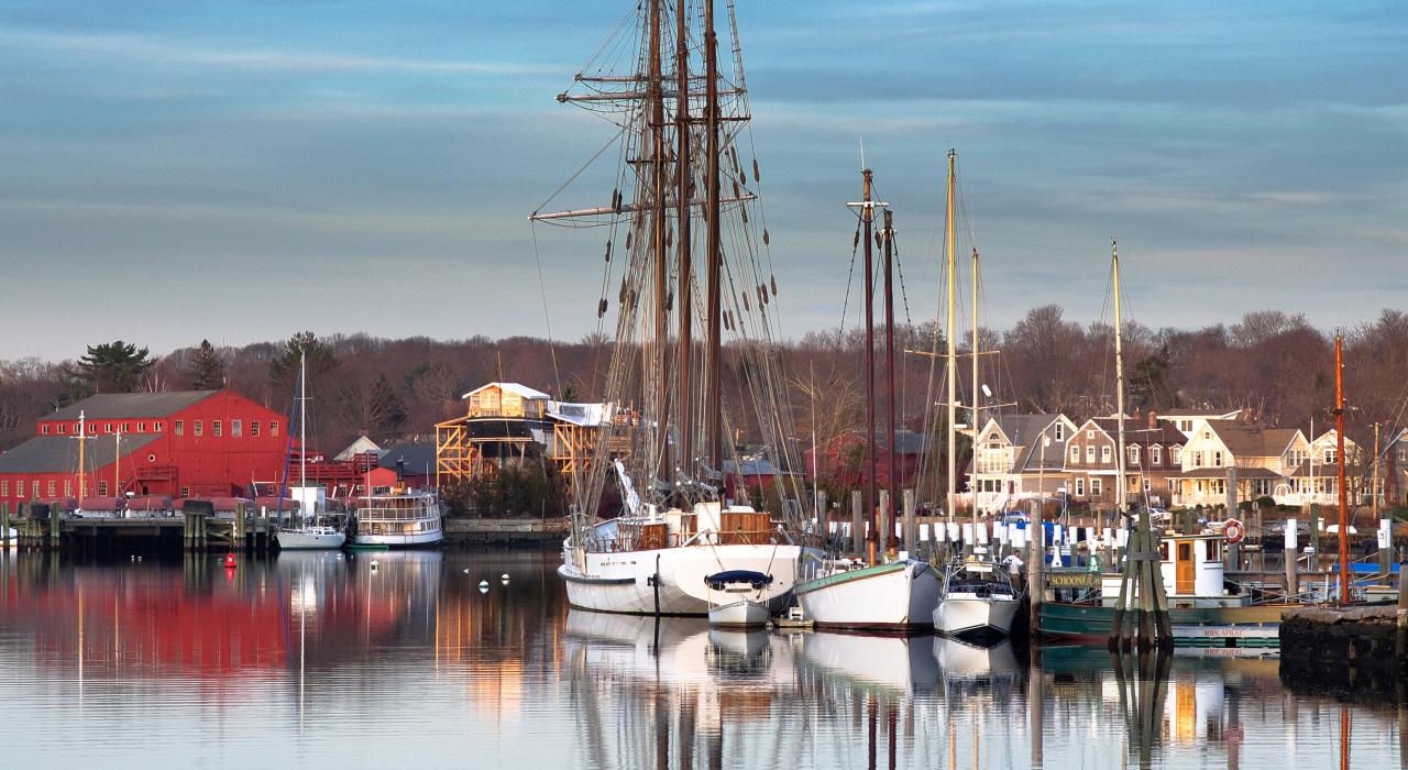 A calm day at a Mystic Seaport harbor marina