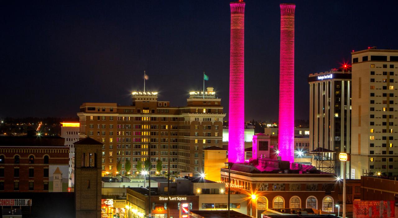 The illuminated stacks of SteamPlant Square The illuminated stacks of SteamPlant Square