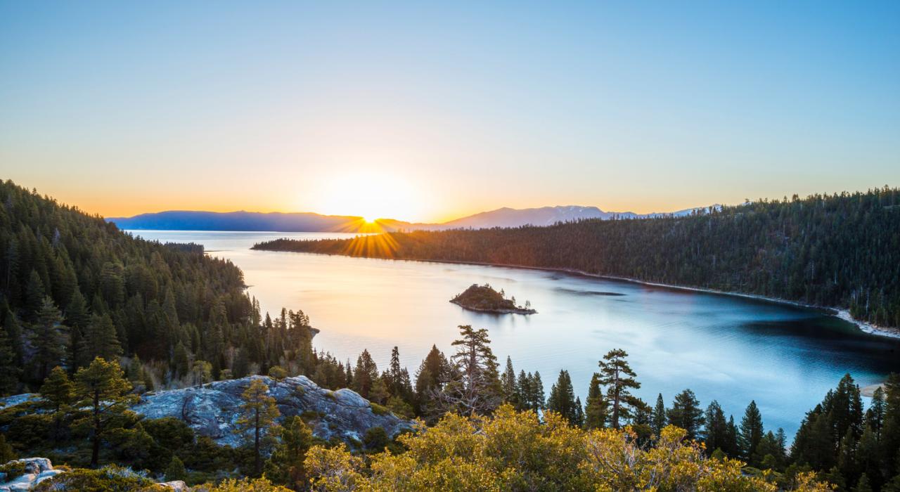 Sunset over the mountains and Emerald Bay