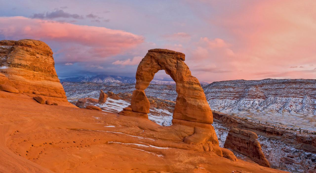 The stunning view of Delicate Arch in Arches National Park The stunning view of Delicate Arch in Arches National Park