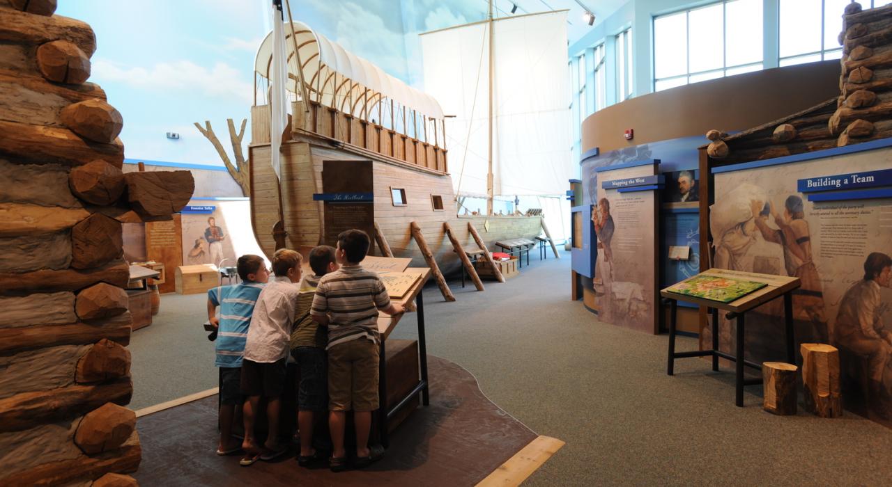 Exploring exhibits at the Lewis & Clark Interpretive Center near Hartford, Illinois 