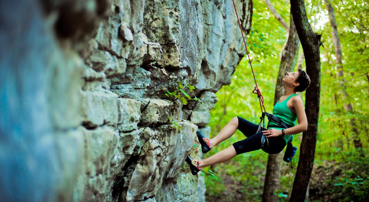 Rock climbing on the Stone Cuts Trail, a hiking path through limestone cliffs