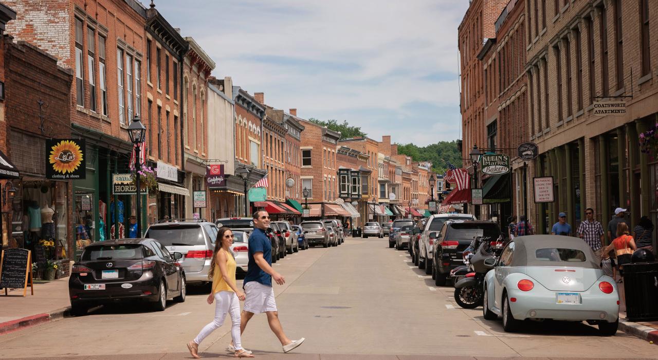 A couple strolls on Main Street, where there's plenty of shopping and places to dine