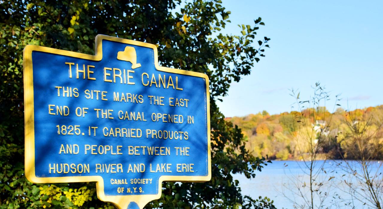 An interpretive sign marking the famed Erie Canal on the Hudson River An interpretive sign marking the famed Erie Canal on the Hudson River