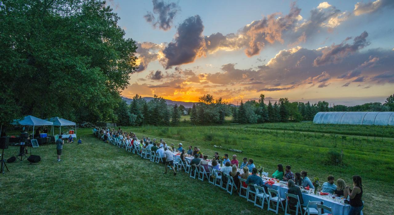 Dining alfresco at dusk during a farm-to-table dinner event at Happy Heart Farms