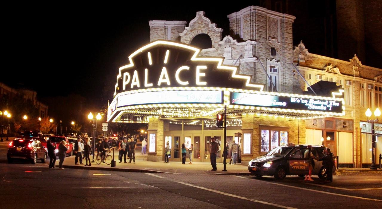 The illuminated marquee of the historic Palace Theatre The illuminated marquee of the historic Palace Theatre
