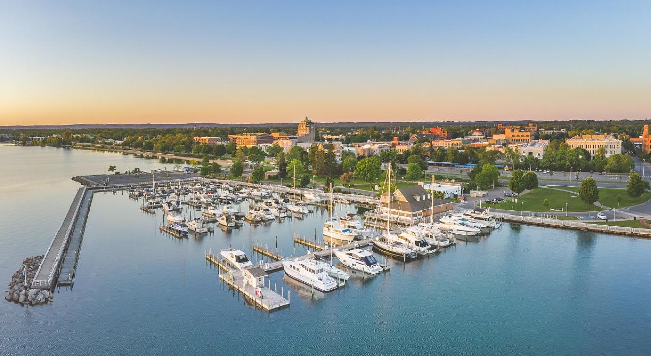 Aerial view of the charming downtown and beautiful waterfront Aerial view of the charming downtown and beautiful waterfront