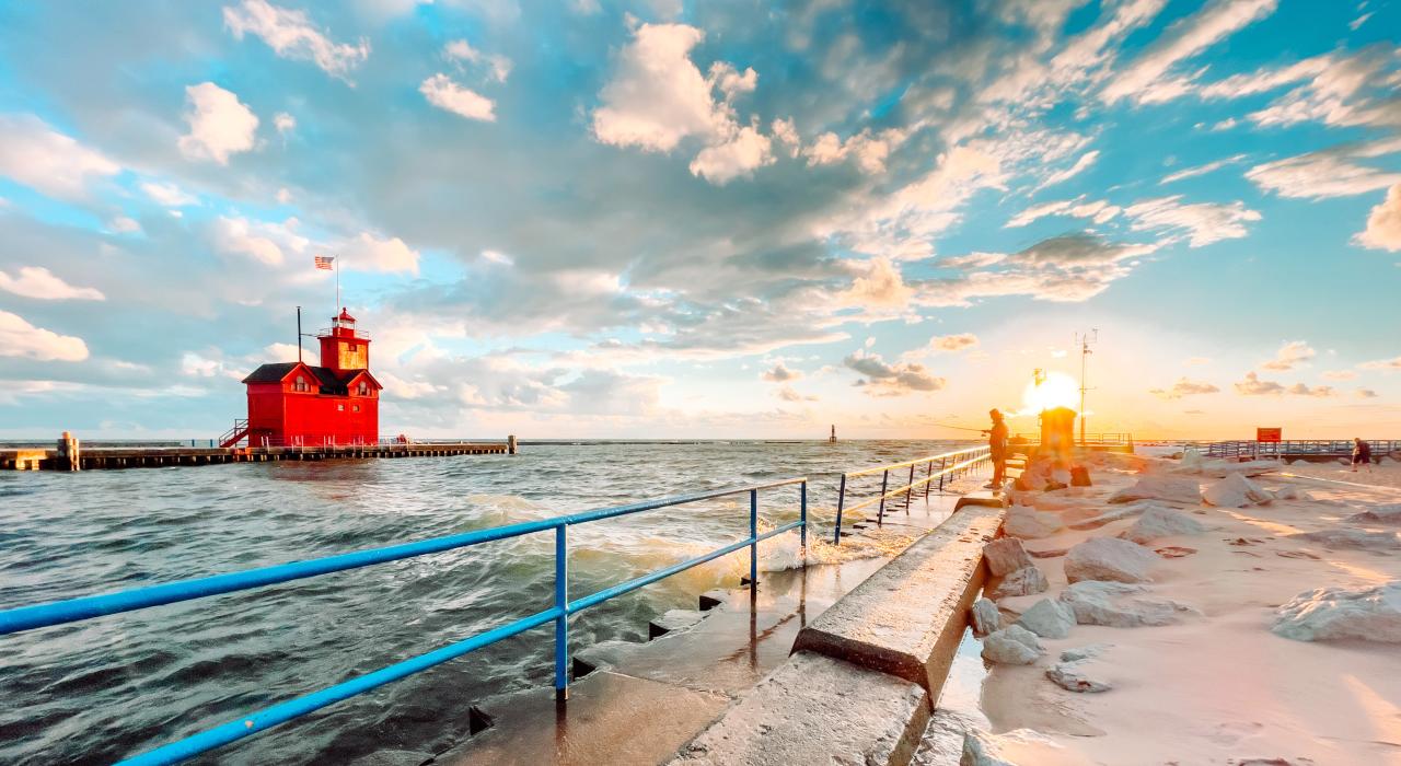 View of Lake Michigan and Holland Harbor Lighthouse, also known as Big Red View of Lake Michigan and Holland Harbor Lighthouse, also known as Big Red