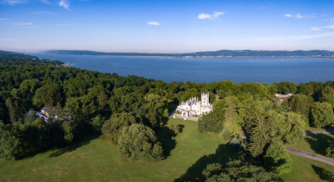 Lovely grounds and the Hudson River at Lyndhurst Mansion in Tarrytown 