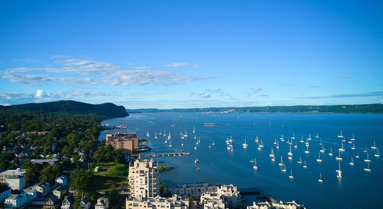 Sailboats mooring in the Hudson River near the town of Nyack 