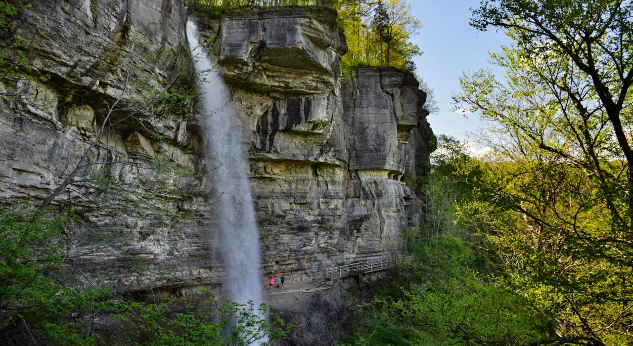 Hiking on trails leading to gorgeous waterfalls in Thacher State Park in Voorheesville