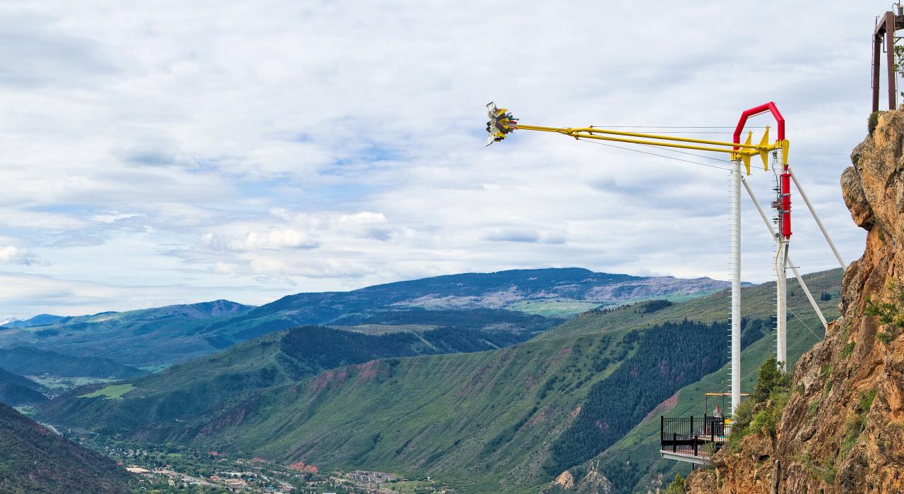 The Giant Canyon Swing at Glenwood Caverns Adventure Park towering high above the city