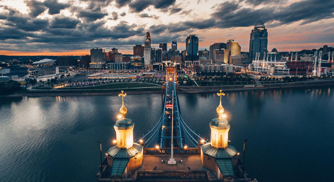 Stunning Cincinnati skyline from atop the Roebling Suspension Bridge Stunning Cincinnati skyline from atop the Roebling Suspension Bridge
