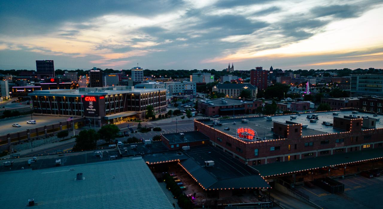 Aerial view of downtown Sioux Falls at sunset