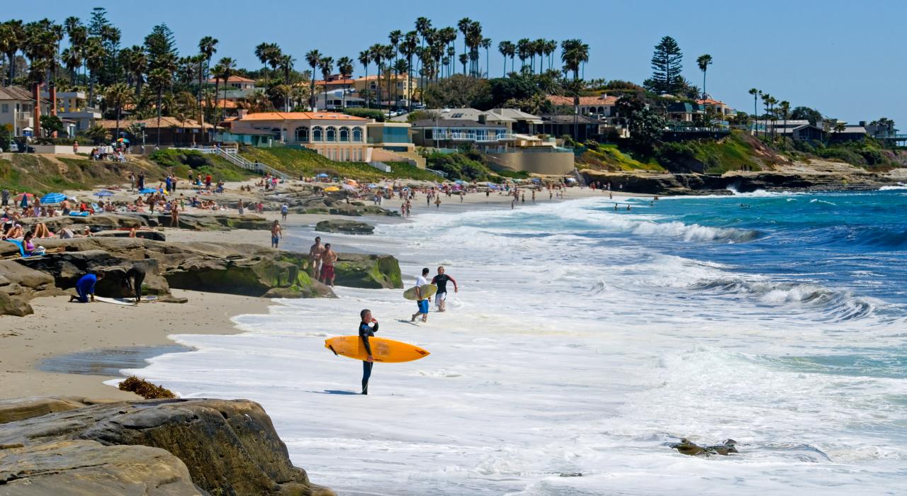 A classic California surfing scene along the San Diego coast