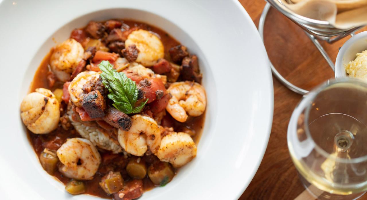 A sophisticated shrimp dish at local favorite eatery Sea Captain's House 