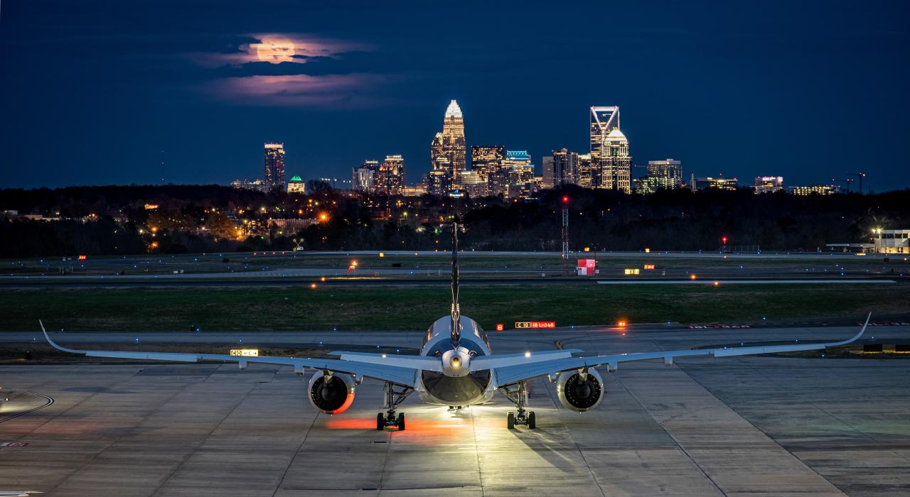 Views of the Charlotte skyline from Charlotte Douglas International Airport  Views of the Charlotte skyline from Charlotte Douglas International Airport