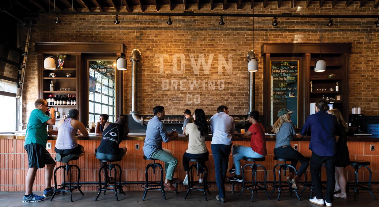 Sampling craft beers at industrial-chic Town Brewing Co. Sampling craft beers at industrial-chic Town Brewing Co.