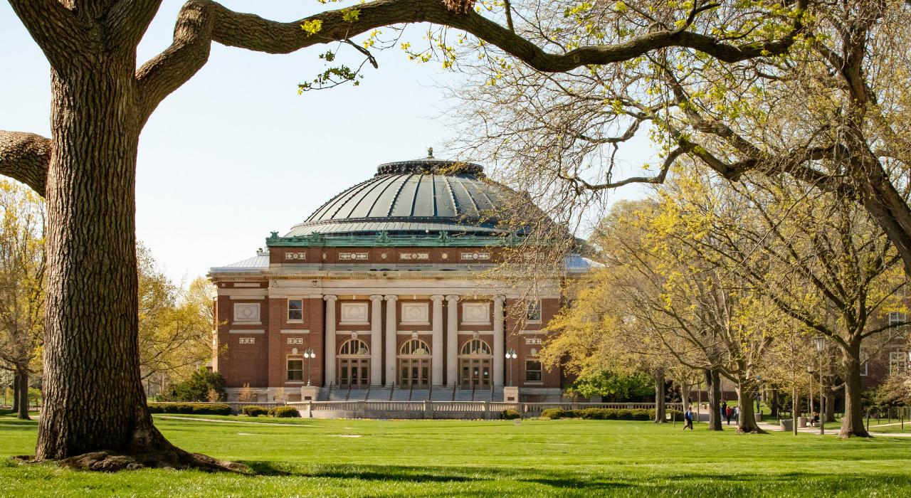 The striking classical architecture of Foellinger Auditorium on the campus of University of Illinois Urbana-Champaign