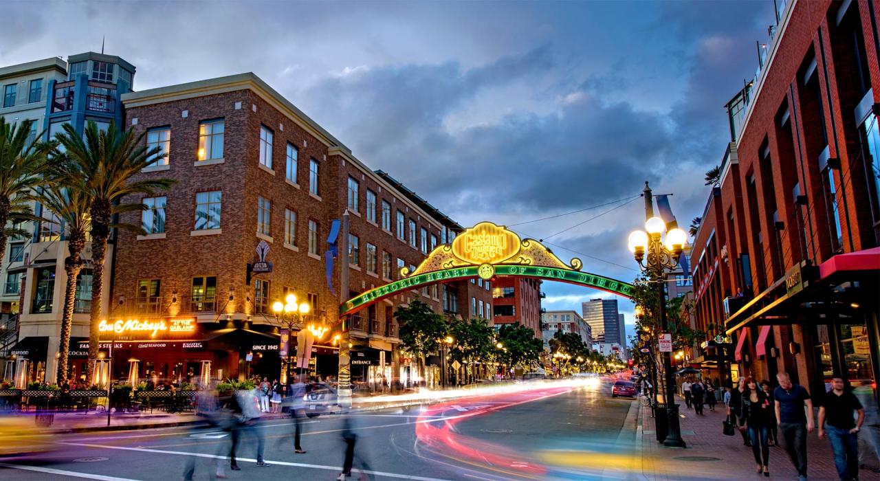A lively evening in the historic Gaslamp Quarter neighborhood