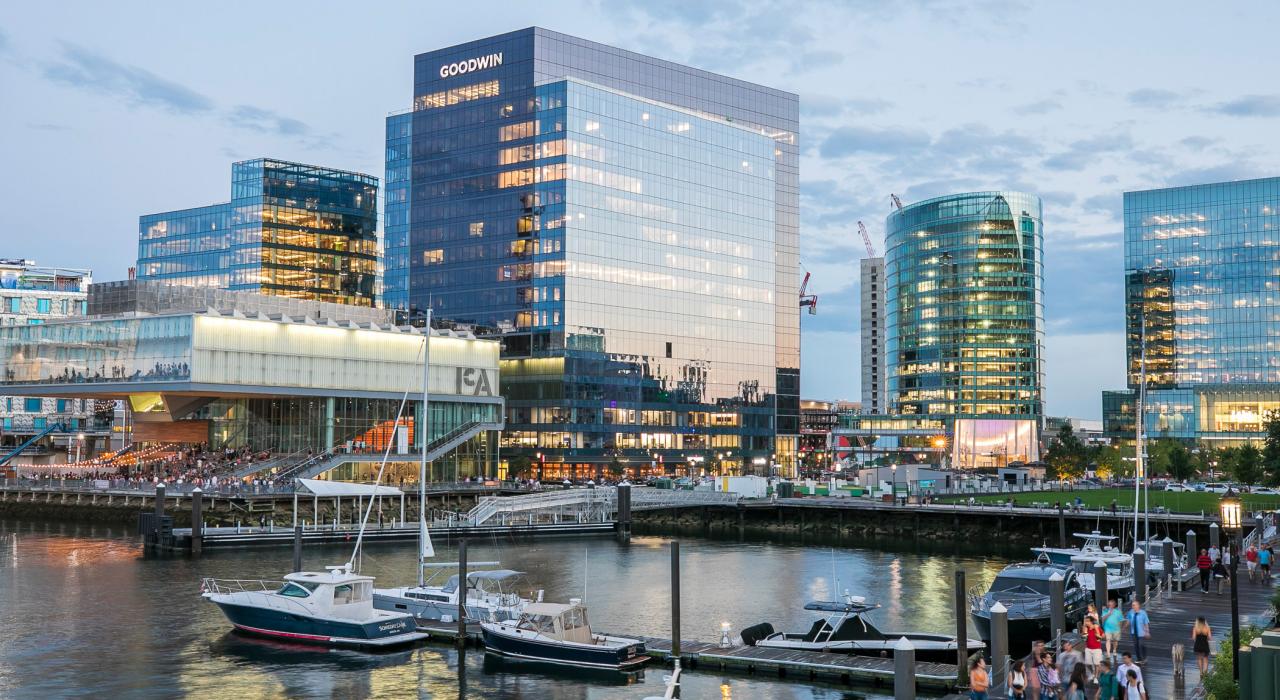 The Institute of Contemporary Art overlooks bustling Boston Harbor in the Seaport District