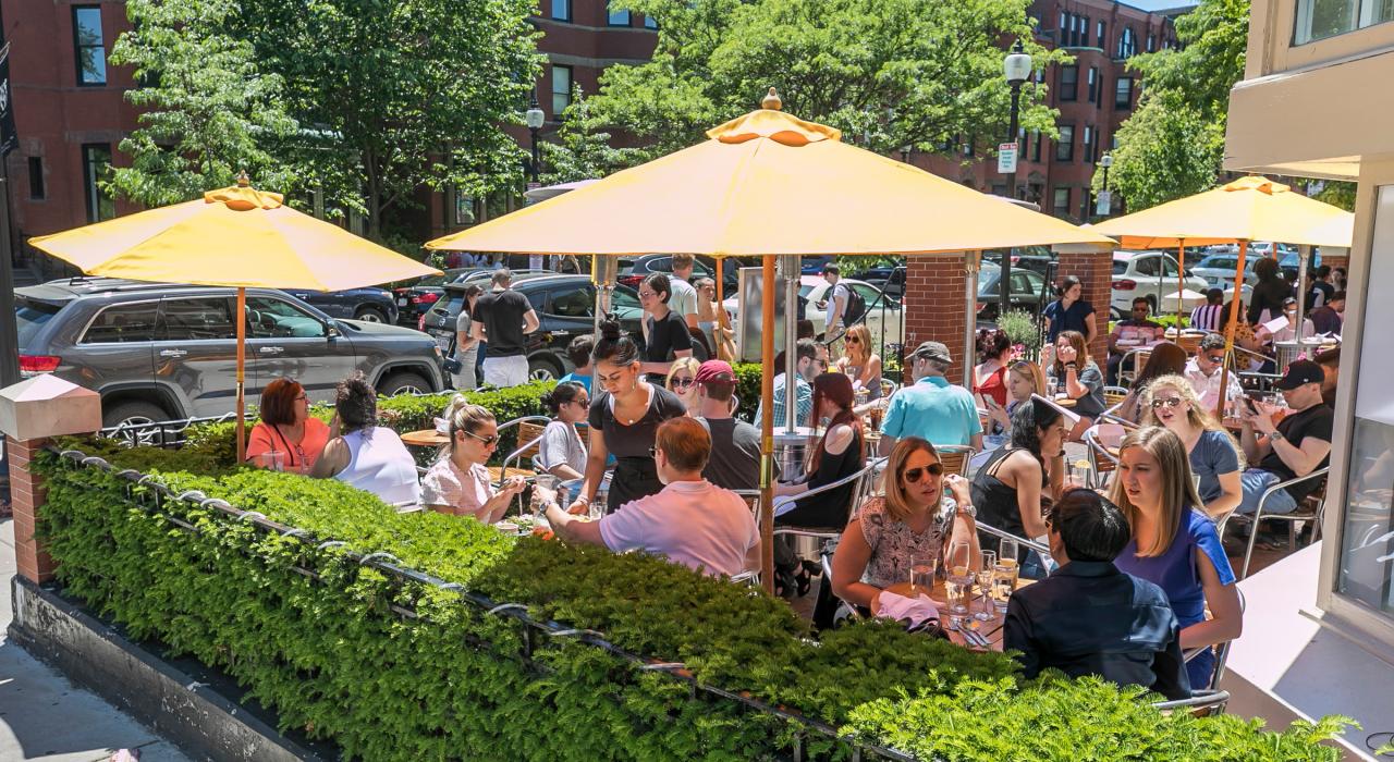 Patio dining in the trendy Back Bay neighborhood on a sunny day 