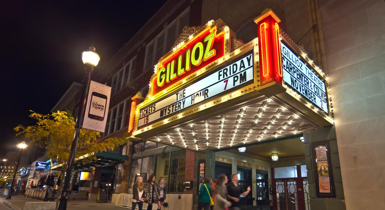 The historic marquee of the 1926–built Gillioz Theatre on Route 66
