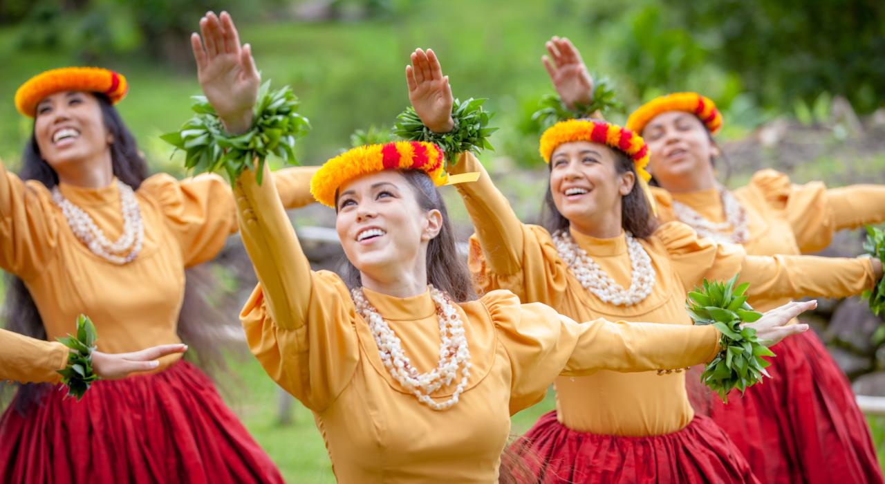 Graceful dancers performing hula