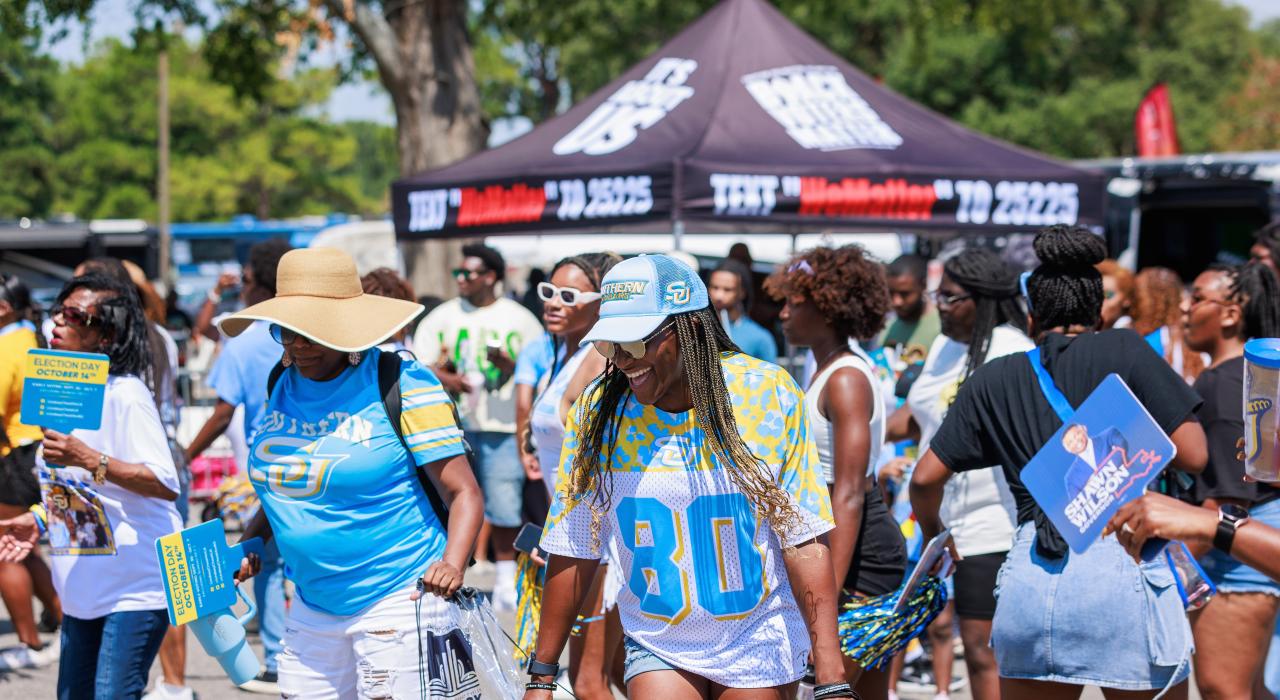 Getting ready for a Southern Jaguars football game at a Southern University tailgating party